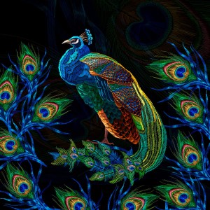 Panel welurowy - poduszka 48x48 - paw - imitacja haftu