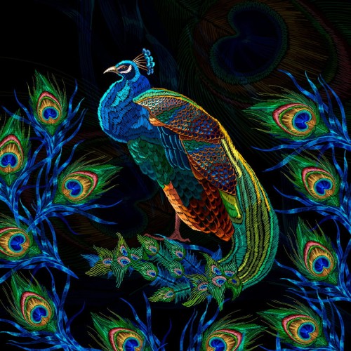 Panel welurowy - poduszka 48x48 - paw - imitacja haftu