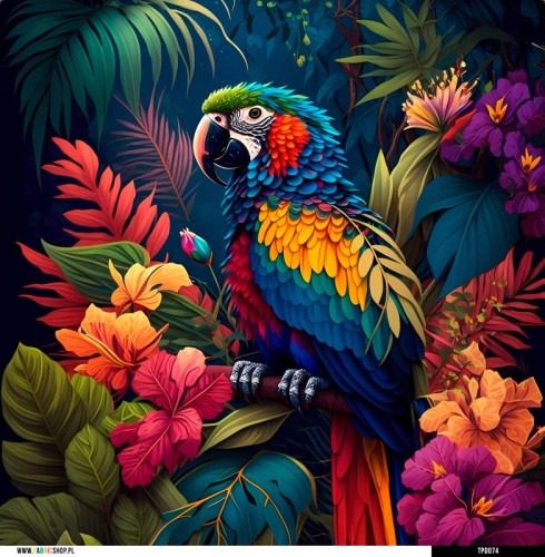 Panel welurowy - poduszka 48x48 - Papuga w dżungli