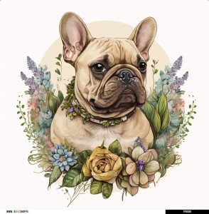 Panel welurowy - poduszka 48x48 - Buldog francuski  w kwiatach - jasne tło