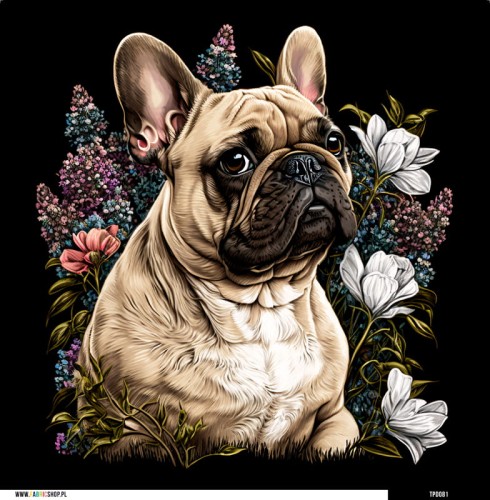 Panel welurowy - poduszka 48x48 - Buldog francuski  w kwiatach - ciemne tło