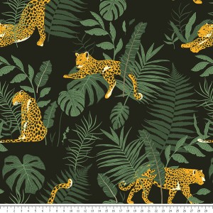 Tkanina bawełniana - pantery w liściach monstery