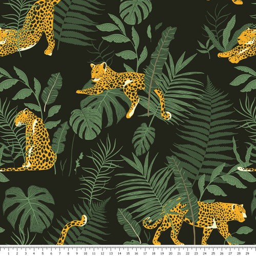 Tkanina bawełniana - pantery w liściach monstery - podgląd