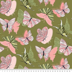 Tkanina bawełniana - różowe motyle na zielonym tle