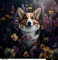 Panel welurowy - poduszka 48x48 - Welsh Corgi w kwiatach - podgląd