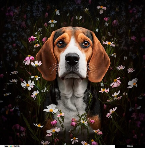 Panel welurowy - poduszka 48x48 - Beagle w kwiatach 1