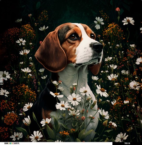 Panel welurowy - poduszka 48x48 - Beagle w kwiatach 2