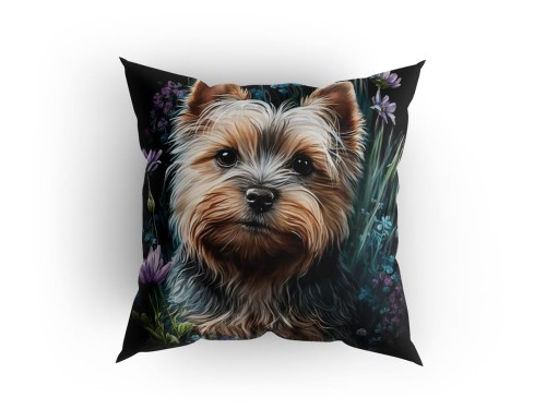 Panel welurowy - poduszka 48x48 - Yorkshire Terrier w kwiatach 