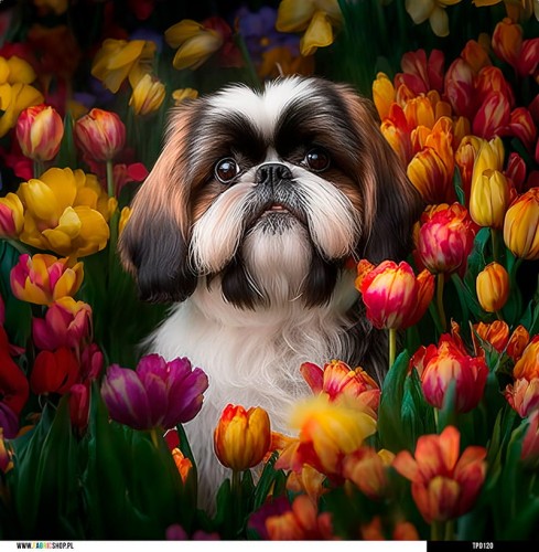 Panel welurowy - poduszka 48x48 - Shih tzu w kwiatach 1