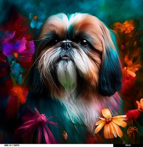 Panel welurowy - poduszka 48x48 - Shih tzu w kwiatach 2