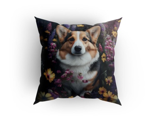 Panel welurowy - poduszka 48x48 - Welsh Corgi w kwiatach