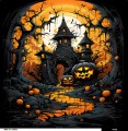 Panel welurowy - poduszka 48x48 - halloweenowy straszny dom 2 - podgląd