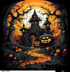 Panel welurowy - poduszka 48x48 - halloweenowy straszny dom 2
