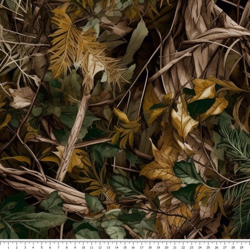 Dzianina jersey - kamuflaż - liście i gałęzie - podgląd