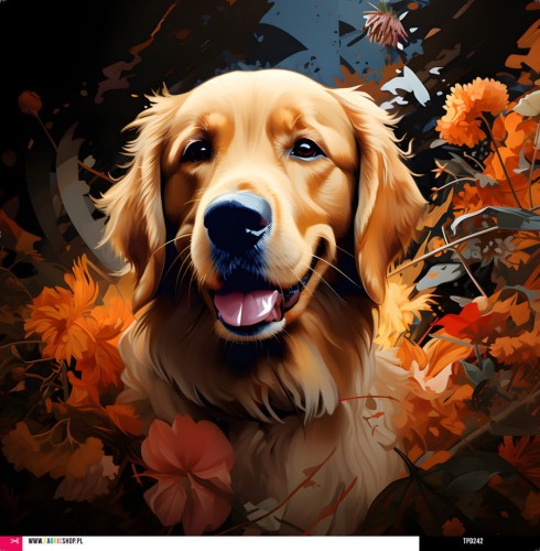 Panel welurowy - poduszka 48x48 - Golden retriever w kwiatach