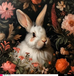 Panel welurowy - poduszka 48x48 - biały królik w ciemnych kwiatach