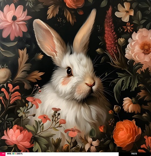 Panel welurowy - poduszka 48x48 - biały królik w ciemnych kwiatach
