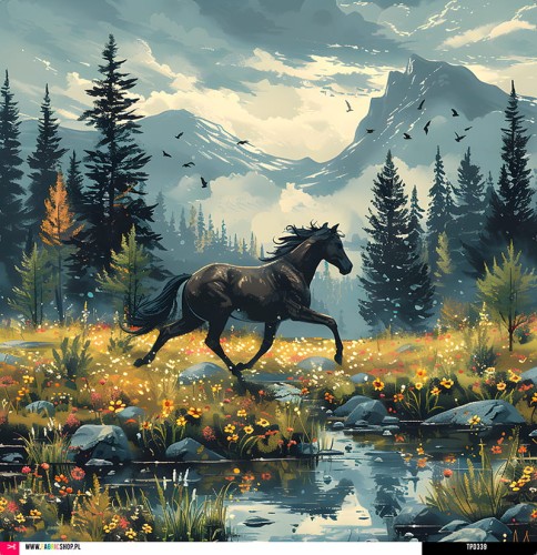 Panel welurowy - poduszka 48x48 - galopujący koń w górach 05