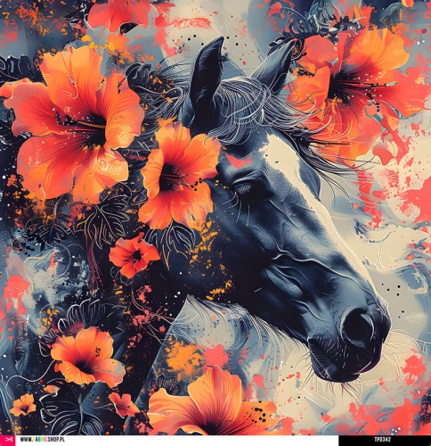 Panel welurowy - poduszka 48x48 - głowa czarnego konia w kwiatach