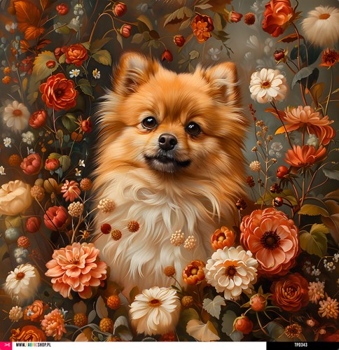 Panel welurowy - poduszka 48x48 - szpic miniaturowy - pomeranian w kwiatach