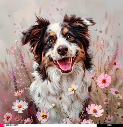 Panel welurowy - poduszka 48x48 - owczarek australijski w kwiatach 01