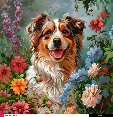 Panel welurowy - poduszka 48x48 - owczarek australijski w kwiatach 02