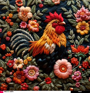 Panel welurowy - poduszka 48x48 - kogut w haftowanym stylu 01