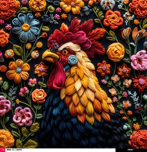 Panel welurowy - poduszka 48x48 - kogut w haftowanym stylu 02