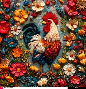 Panel welurowy - poduszka 48x48 - kogut w haftowanym stylu 03