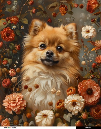 Panel wodoodporny 40x50 - szpic miniaturowy - pomeranian w kwiatach
