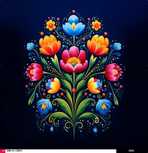 Panel welurowy - poduszka 48x48 - kwiaty folk granatowe tło