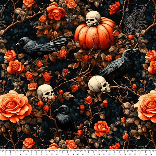 Tkanina bawełniana - halloween - kruki, czaszki, dynie - podgląd