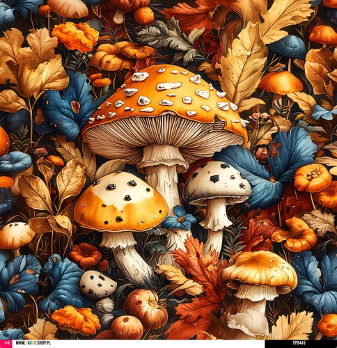 Panel welurowy - poduszka 48x48 - jesienne grzybki w liściach 2