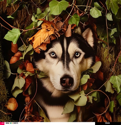 Panel welurowy - poduszka 48x48 - Husky w liściach