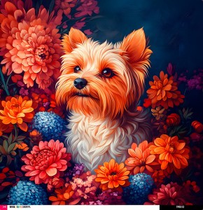 Panel welurowy - poduszka 48x48 - Yorkshire Terrier w kwiatkach