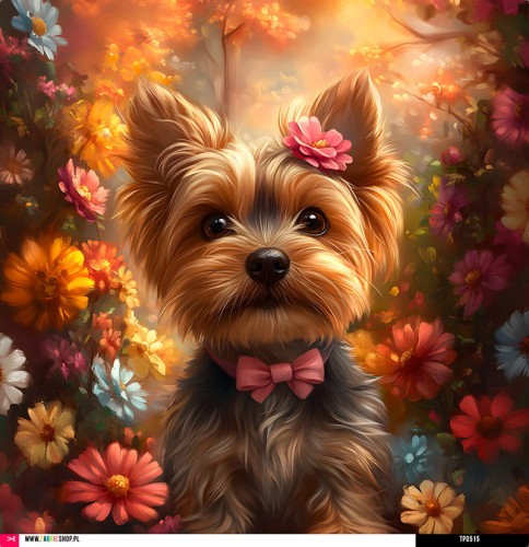 Panel welurowy - poduszka 48x48 - Yorkshire Terrier z kwiatkiem