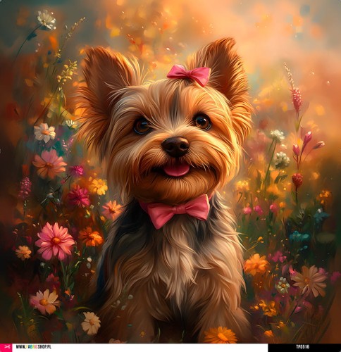 Panel welurowy - poduszka 48x48 - Yorkshire Terrier z kokardką