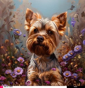 Panel welurowy - poduszka 48x48 - Yorkshire Terrier w fioletowych kwiatkach