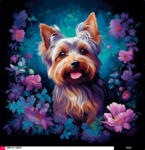 Panel welurowy - poduszka 48x48 - Yorkshire Terrier w kwiatach 