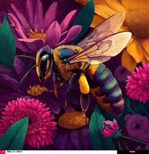 Panel welurowy - poduszka 48x48 - pszczoła w fioletowych kwiatach