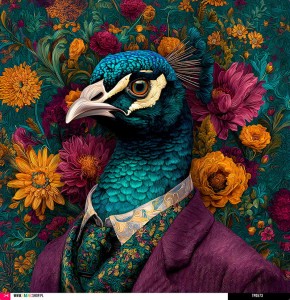 Panel welurowy - poduszka 48x48 - paw w garniturze