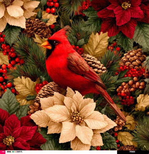 Panel welurowy - poduszka 48x48 - czerwony ptak w gwiazdach betlejemskich  - podgląd