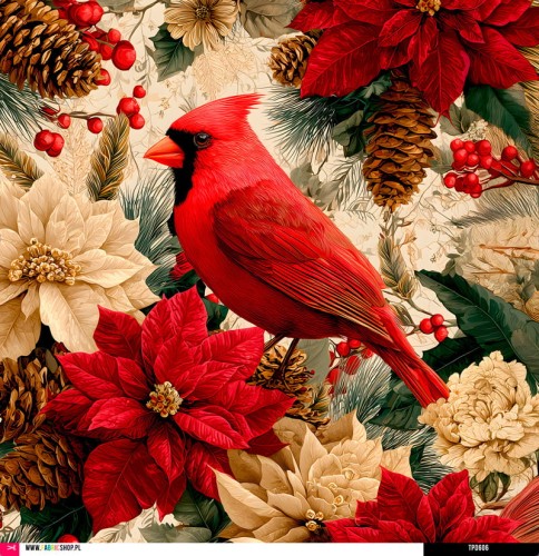 Panel welurowy - poduszka 48x48 - czerwony ptak w gwiazdach betlejemskich 2 - podgląd