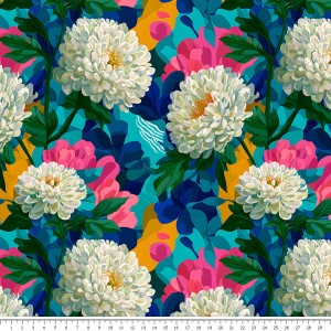 Tkanina bawełniana - białe piwonie na kolorowym tle