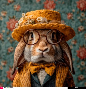 Panel welurowy - poduszka 48x48 - królik w żółtym kapeluszu