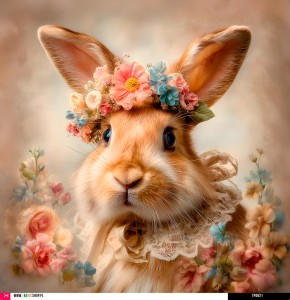 Panel welurowy - poduszka 48x48 - króliczek w wianku z różowymi kwiatkami