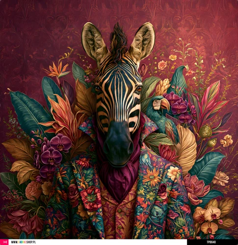 Panel welurowy - poduszka 48x48 - zebra w kwiatowym garniturze - podgląd